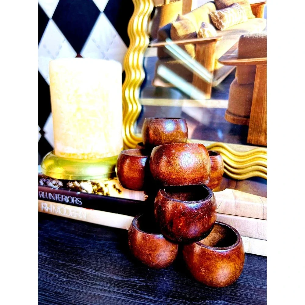 Wooden Napkin Rings Set of 8 Rustic Brown Tabletop Entertaining Organic Boho